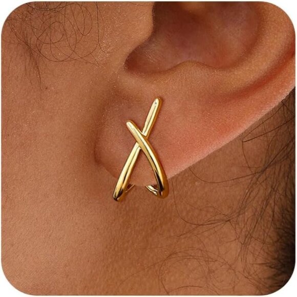 ⚡Gold Plated X Shape Hoop Earrings for Women Stylish Lightweight Fashion Jewelry - Picture 1 of 7